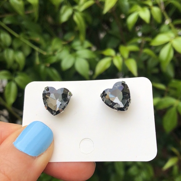 Black Diamond + Silver Crystal Heart Earrings - Picture 6 of 6